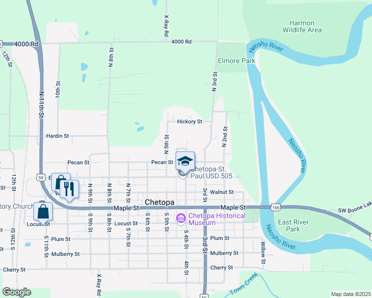 map of restaurants, bars, coffee shops, grocery stores, and more near Oak Street in Chetopa