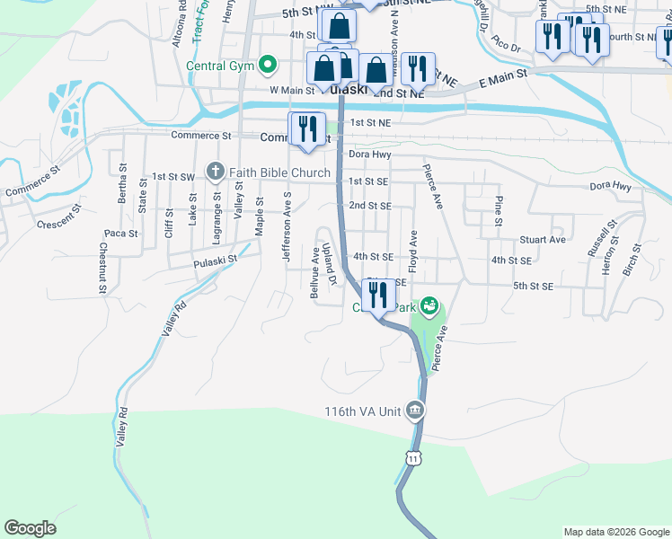 map of restaurants, bars, coffee shops, grocery stores, and more near 411 S Washington Ave in Pulaski