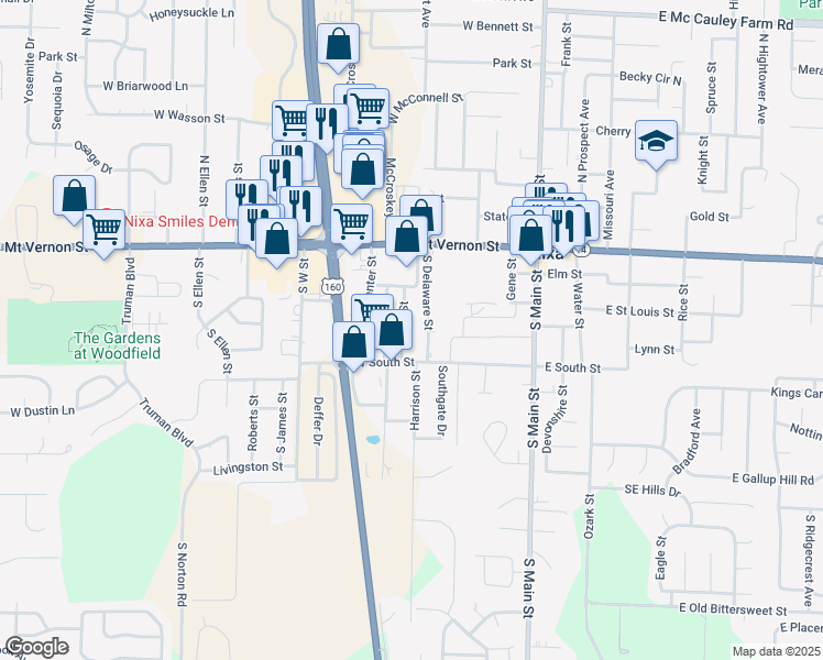 map of restaurants, bars, coffee shops, grocery stores, and more near 210 South Fort Street in Nixa