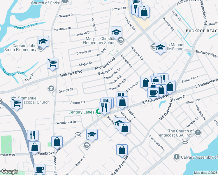 map of restaurants, bars, coffee shops, grocery stores, and more near 1903 Kensington Drive in Hampton