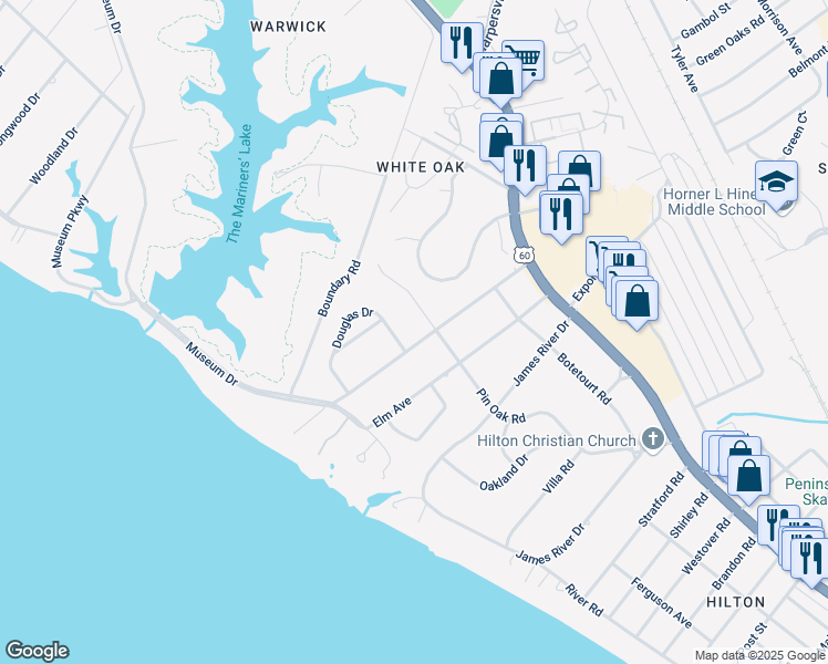 map of restaurants, bars, coffee shops, grocery stores, and more near 31 Cedar Lane in Newport News