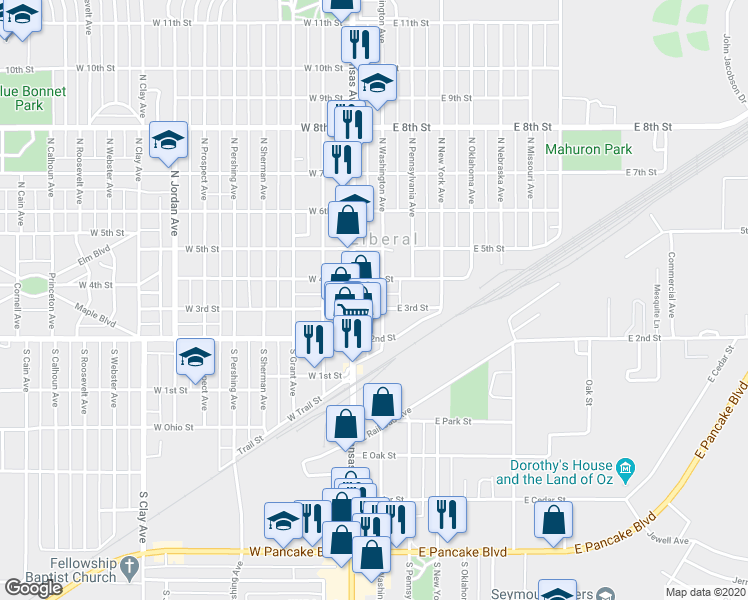 map of restaurants, bars, coffee shops, grocery stores, and more near 310 North Washington Avenue in Liberal