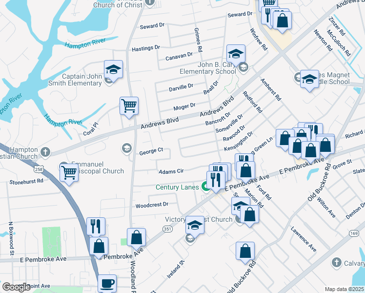 map of restaurants, bars, coffee shops, grocery stores, and more near 1807 Rawood Drive in Hampton