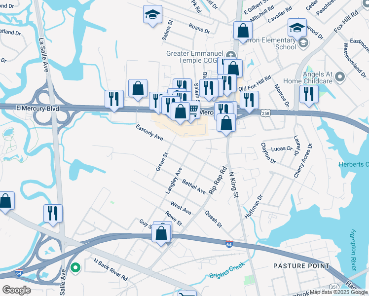 map of restaurants, bars, coffee shops, grocery stores, and more near 185 Langley Avenue in Hampton