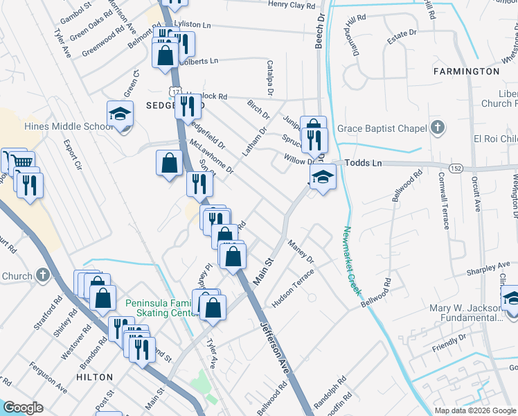 map of restaurants, bars, coffee shops, grocery stores, and more near 318 Maney Drive in Newport News