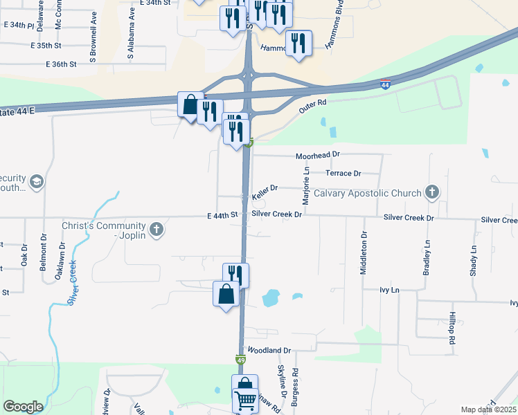 map of restaurants, bars, coffee shops, grocery stores, and more near 3029-3099 Silver Creek Drive in Joplin