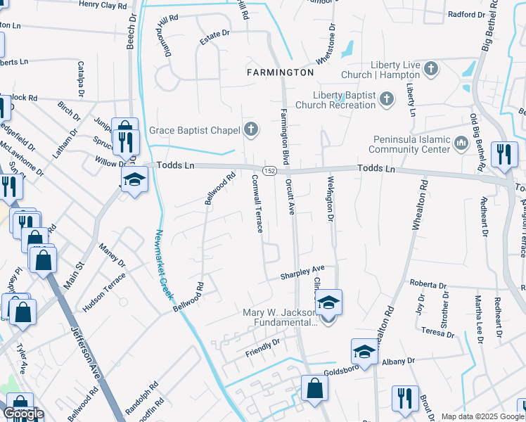 map of restaurants, bars, coffee shops, grocery stores, and more near 25 Cornwall Terrace in Hampton