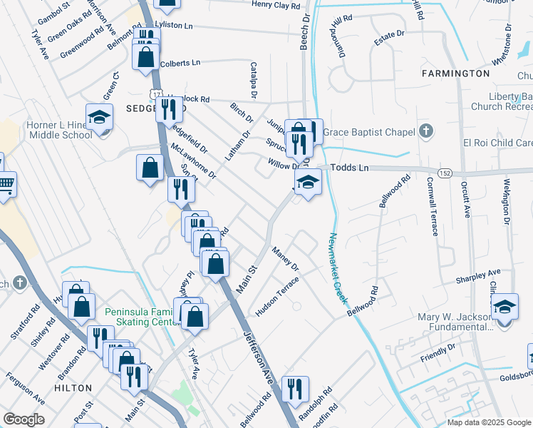 map of restaurants, bars, coffee shops, grocery stores, and more near 731 McLawhorne Drive in Newport News