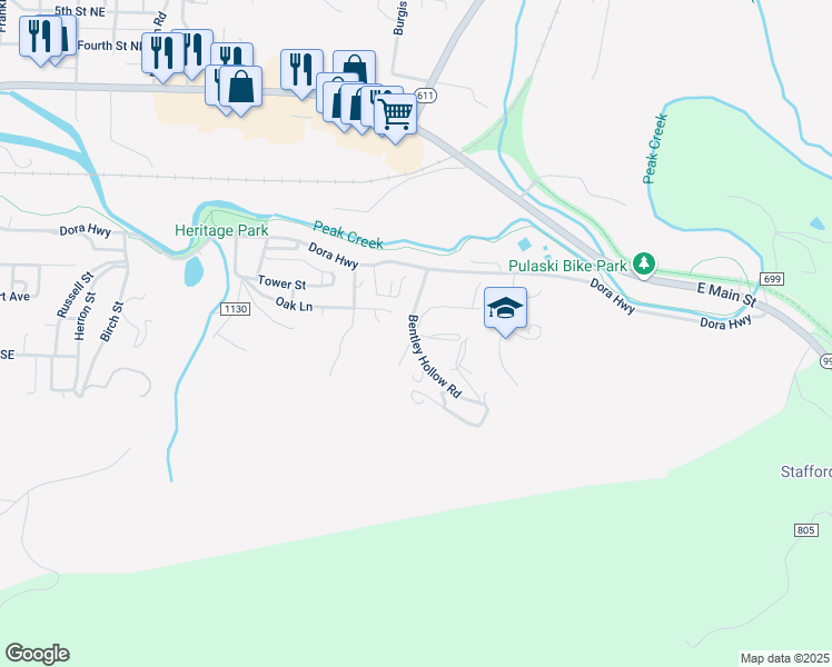 map of restaurants, bars, coffee shops, grocery stores, and more near 102 Bentley Lane in Pulaski