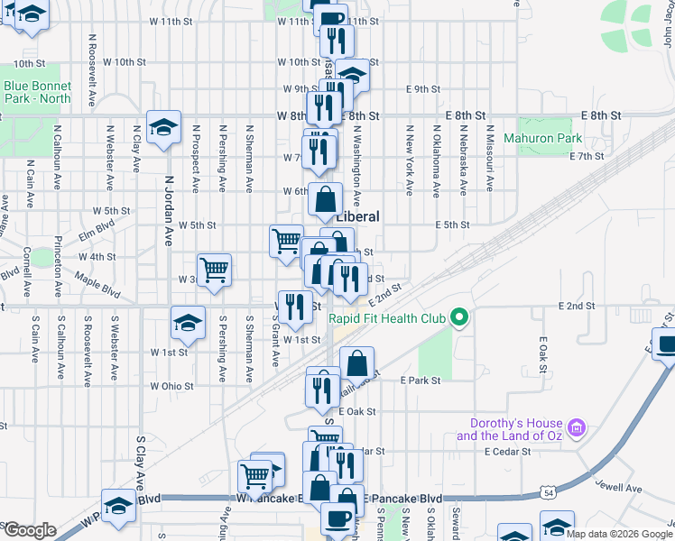 map of restaurants, bars, coffee shops, grocery stores, and more near 310 North Washington Avenue in Liberal