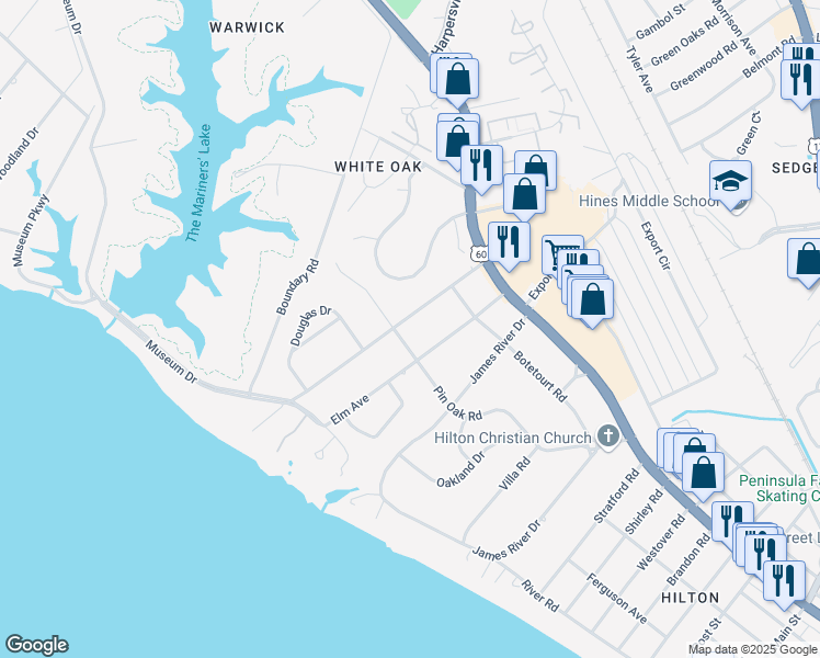 map of restaurants, bars, coffee shops, grocery stores, and more near 40 Cedar Lane in Newport News