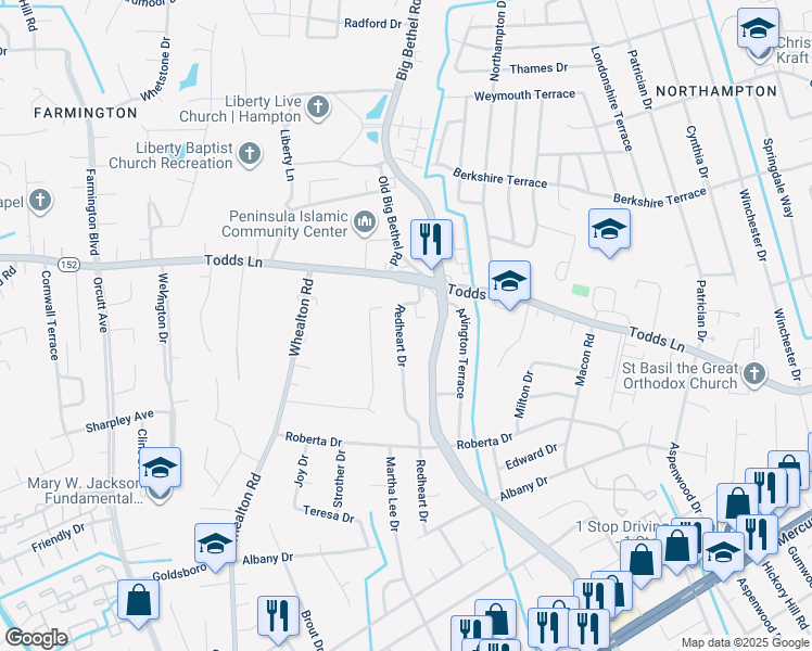 map of restaurants, bars, coffee shops, grocery stores, and more near 836 Redheart Drive in Hampton