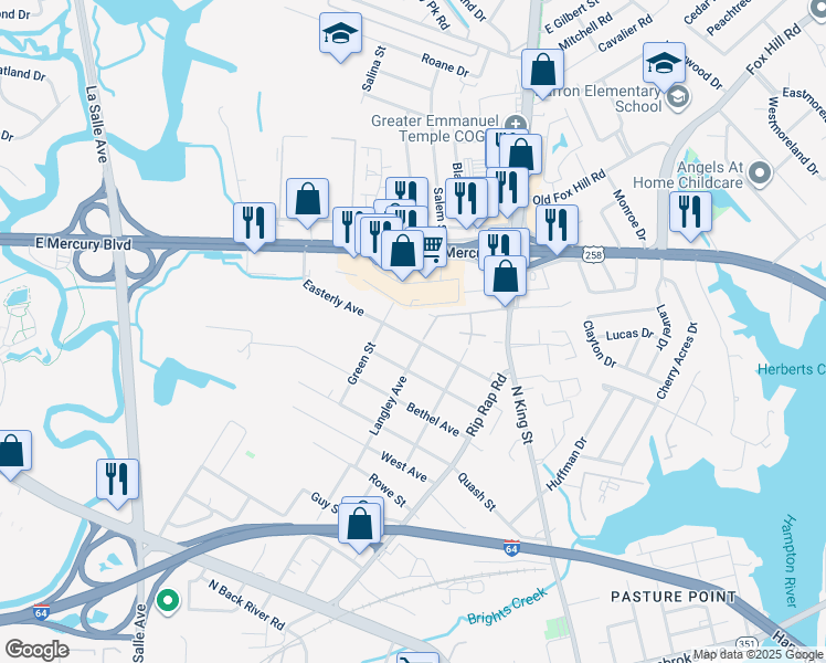 map of restaurants, bars, coffee shops, grocery stores, and more near 185 Langley Avenue in Hampton