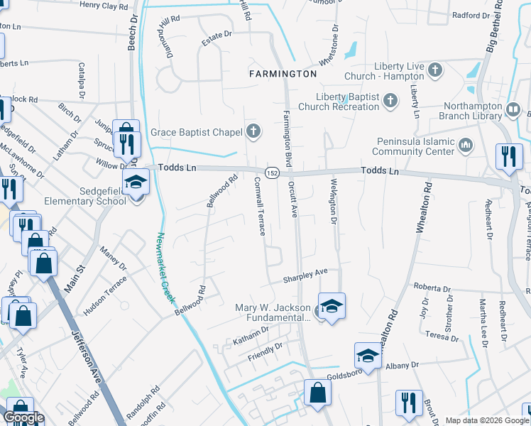 map of restaurants, bars, coffee shops, grocery stores, and more near 25 Cornwall Terrace in Hampton
