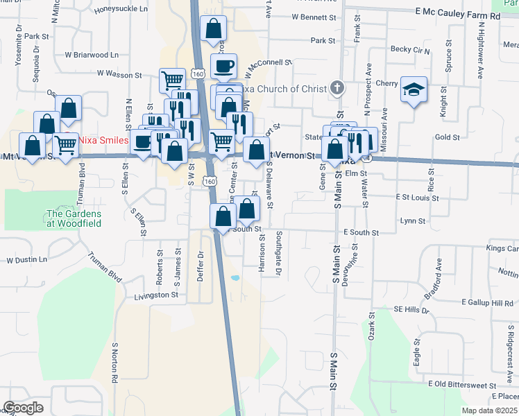 map of restaurants, bars, coffee shops, grocery stores, and more near 212 South Fort Street in Nixa