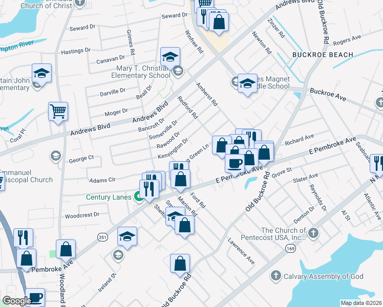 map of restaurants, bars, coffee shops, grocery stores, and more near 1927 Long Green Lane in Hampton