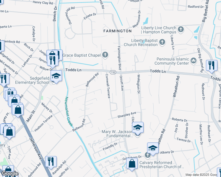 map of restaurants, bars, coffee shops, grocery stores, and more near 25 Cornwall Terrace in Hampton