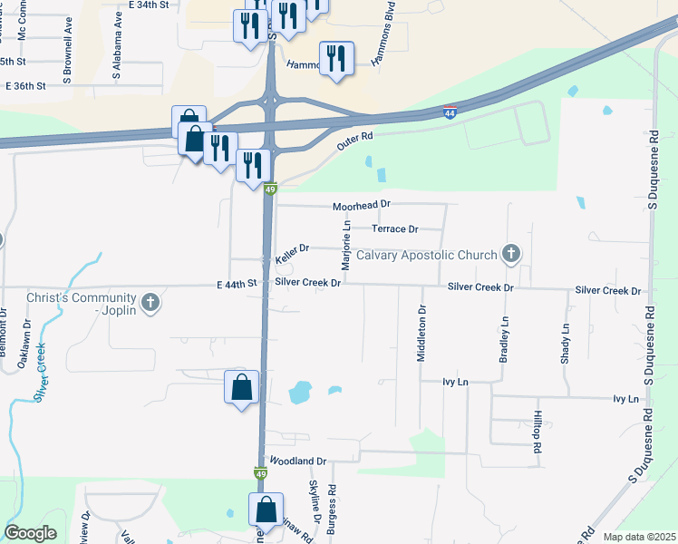 map of restaurants, bars, coffee shops, grocery stores, and more near 3029 Silver Creek Drive in Joplin