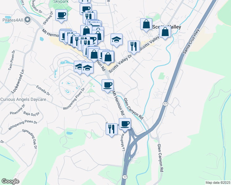 map of restaurants, bars, coffee shops, grocery stores, and more near 100 Mount Hermon Road in Scotts Valley