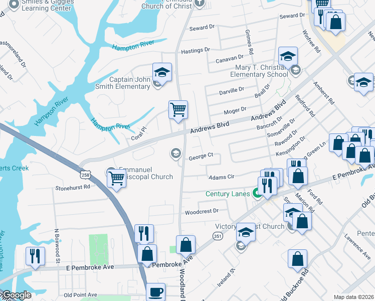 map of restaurants, bars, coffee shops, grocery stores, and more near 9 Samantha Court in Hampton