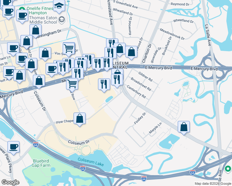 map of restaurants, bars, coffee shops, grocery stores, and more near 233 Pine Chapel Road in Hampton