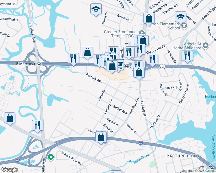 map of restaurants, bars, coffee shops, grocery stores, and more near 1219 Easterly Avenue in Hampton