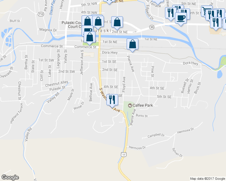 map of restaurants, bars, coffee shops, grocery stores, and more near 401 Madison Avenue South in Pulaski