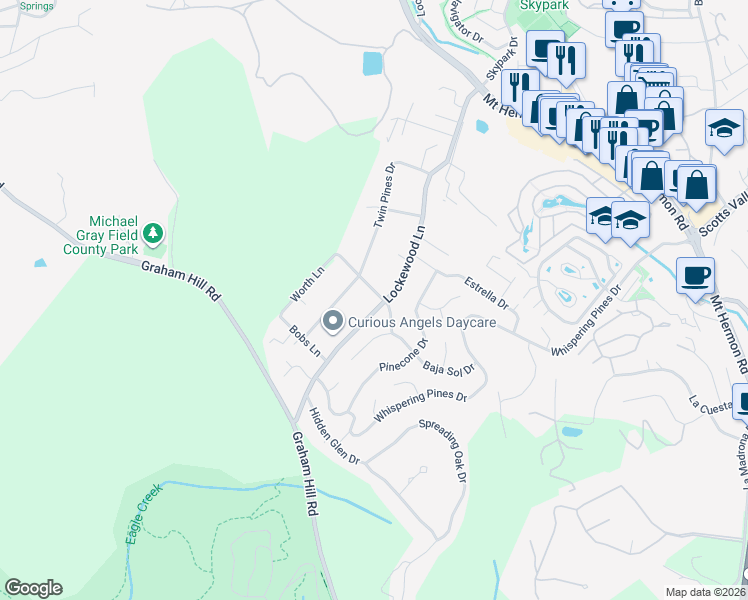 map of restaurants, bars, coffee shops, grocery stores, and more near 101 Tan Oak Drive in Scotts Valley