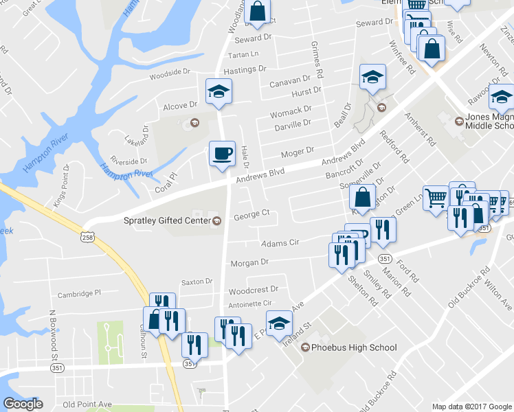 map of restaurants, bars, coffee shops, grocery stores, and more near 4 Miranda Court in Hampton