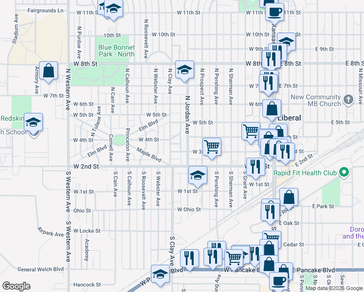 map of restaurants, bars, coffee shops, grocery stores, and more near 619 Eisenhower Street in Liberal