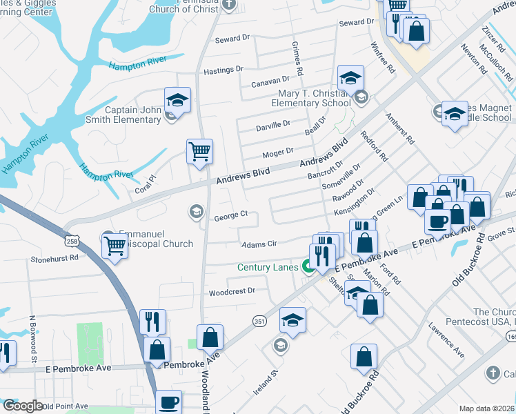 map of restaurants, bars, coffee shops, grocery stores, and more near 32 George Court in Hampton