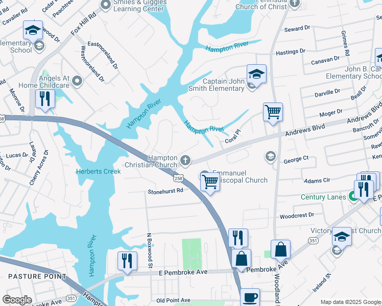 map of restaurants, bars, coffee shops, grocery stores, and more near 26 Kings Landing Lane in Hampton