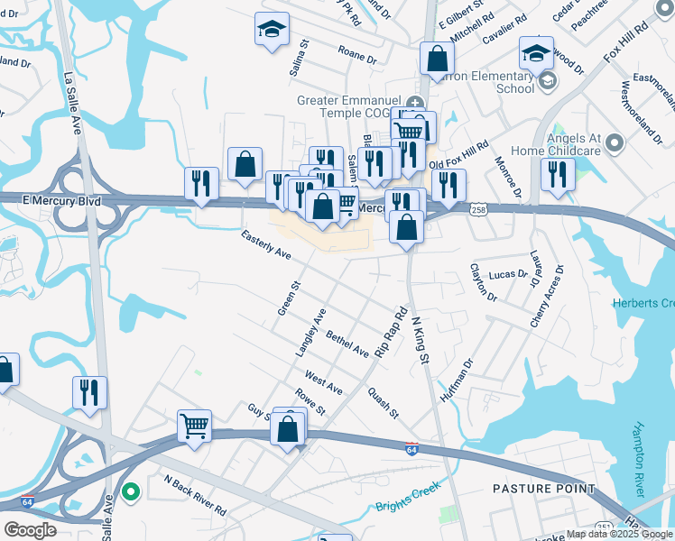 map of restaurants, bars, coffee shops, grocery stores, and more near 196 Langley Avenue in Hampton