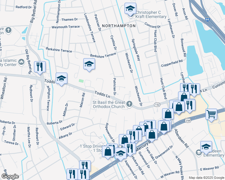 map of restaurants, bars, coffee shops, grocery stores, and more near 1 Marie Circle in Hampton