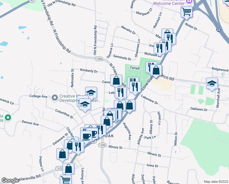 map of restaurants, bars, coffee shops, grocery stores, and more near 2416 Lakeview Drive in Paducah