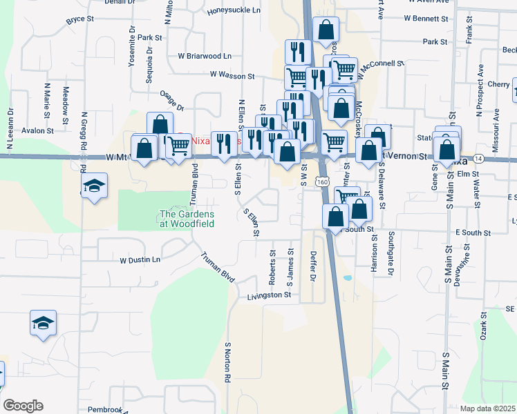 map of restaurants, bars, coffee shops, grocery stores, and more near 604 Dover Street in Nixa