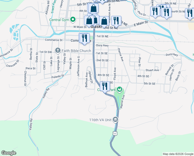 map of restaurants, bars, coffee shops, grocery stores, and more near 411 South Washington Avenue in Pulaski
