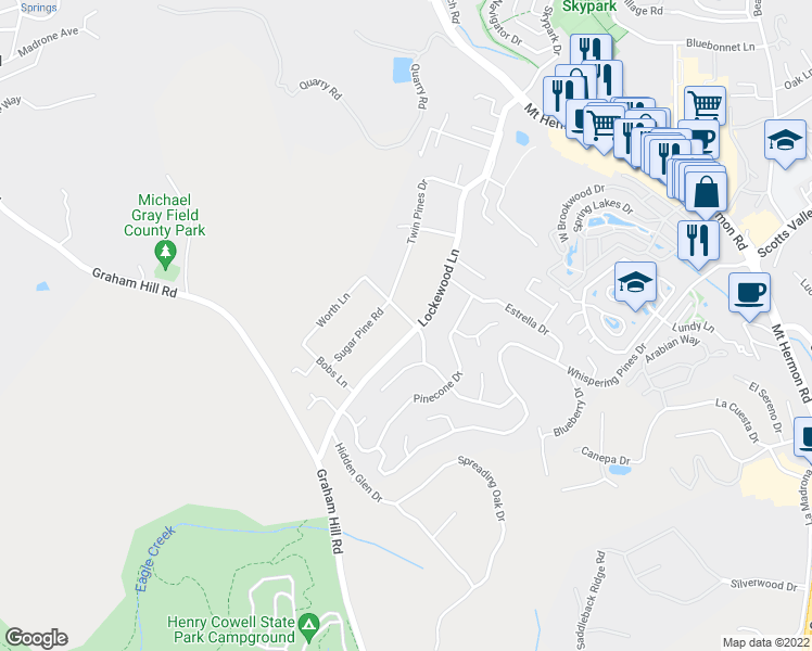 map of restaurants, bars, coffee shops, grocery stores, and more near 101 Tan Oak Drive in Scotts Valley