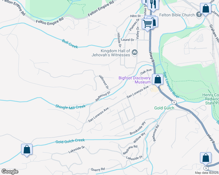 map of restaurants, bars, coffee shops, grocery stores, and more near 564 Hillcrest Drive in Felton