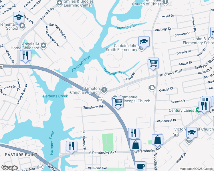 map of restaurants, bars, coffee shops, grocery stores, and more near 26 Kings Landing Lane in Hampton