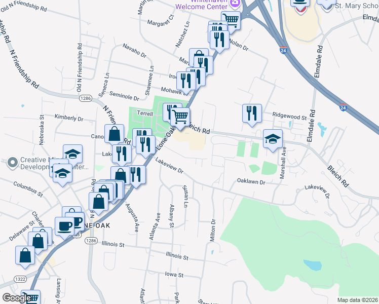 map of restaurants, bars, coffee shops, grocery stores, and more near 210 Glenn Street in Paducah