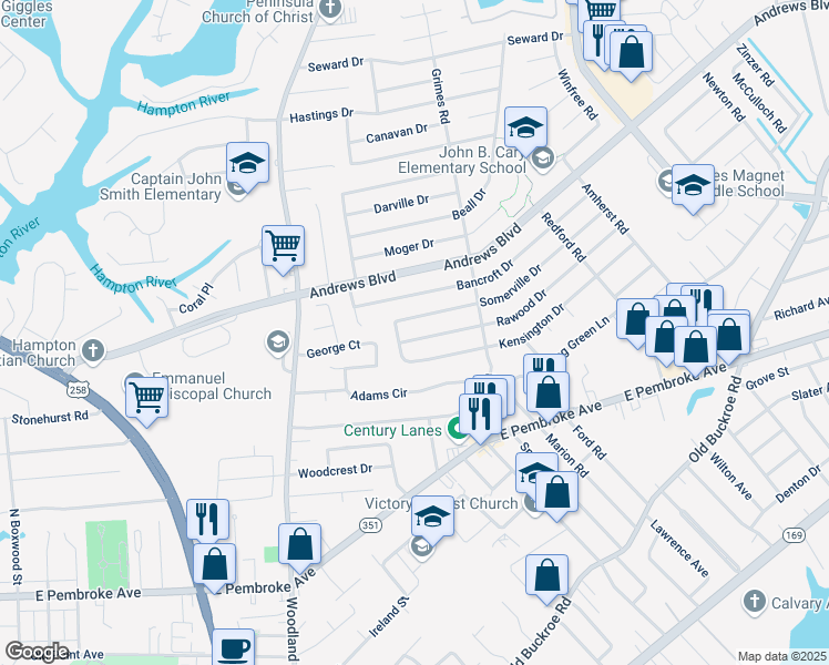map of restaurants, bars, coffee shops, grocery stores, and more near 1807 Rawood Drive in Hampton
