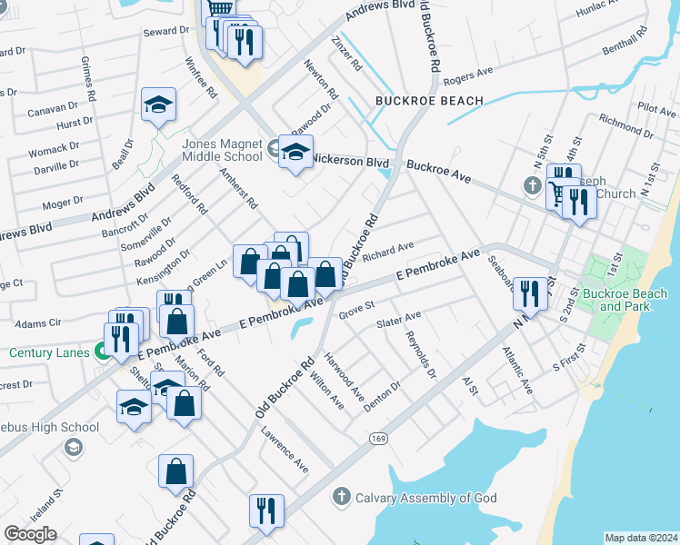 map of restaurants, bars, coffee shops, grocery stores, and more near 1509 Old Buckroe Road in Hampton