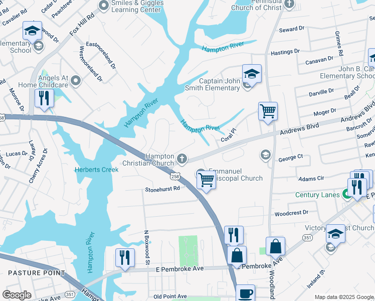 map of restaurants, bars, coffee shops, grocery stores, and more near 26 Kings Landing Lane in Hampton