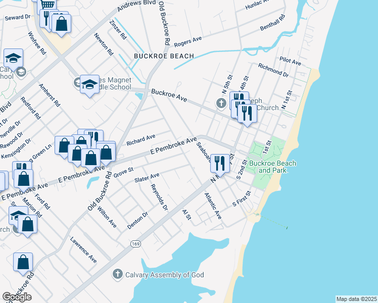 map of restaurants, bars, coffee shops, grocery stores, and more near 340 Atlantic Avenue in Hampton