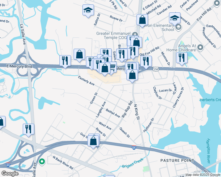 map of restaurants, bars, coffee shops, grocery stores, and more near 196 Langley Avenue in Hampton