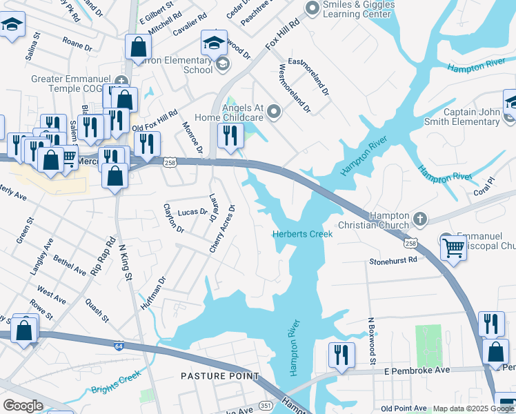 map of restaurants, bars, coffee shops, grocery stores, and more near 19 Pine Cone Drive in Hampton