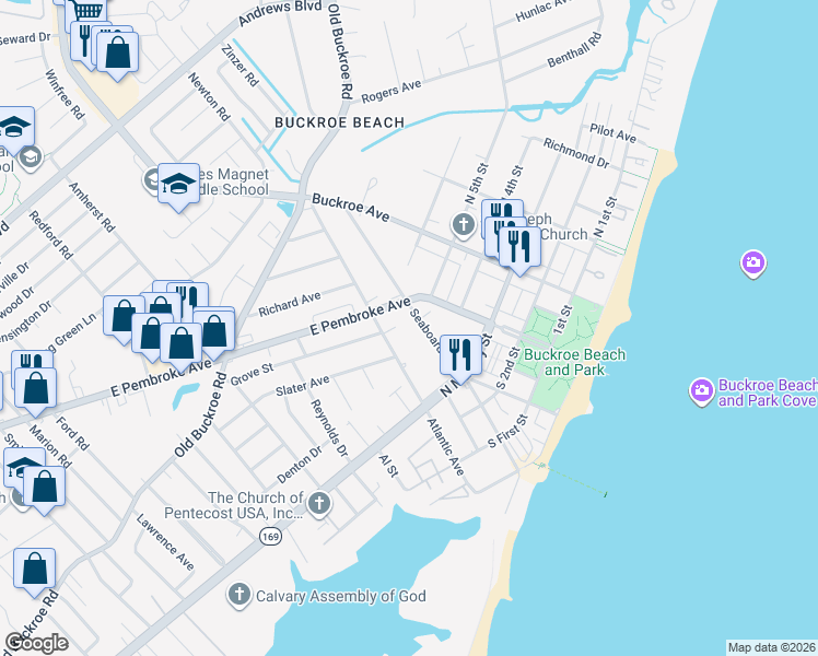 map of restaurants, bars, coffee shops, grocery stores, and more near 340 Atlantic Avenue in Hampton