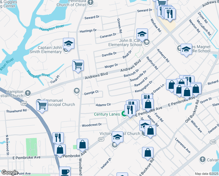 map of restaurants, bars, coffee shops, grocery stores, and more near 1807 Rawood Drive in Hampton