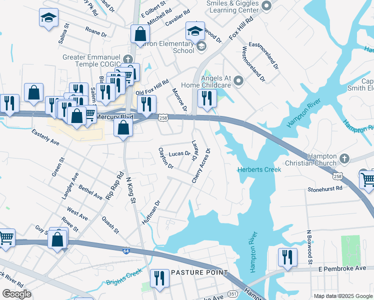 map of restaurants, bars, coffee shops, grocery stores, and more near 31 Laurel Drive in Hampton